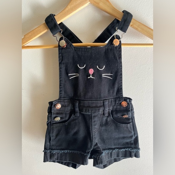 Cutie Patootie Girls Black Denim Overall Shorts Kitty - Picture 1 of 6